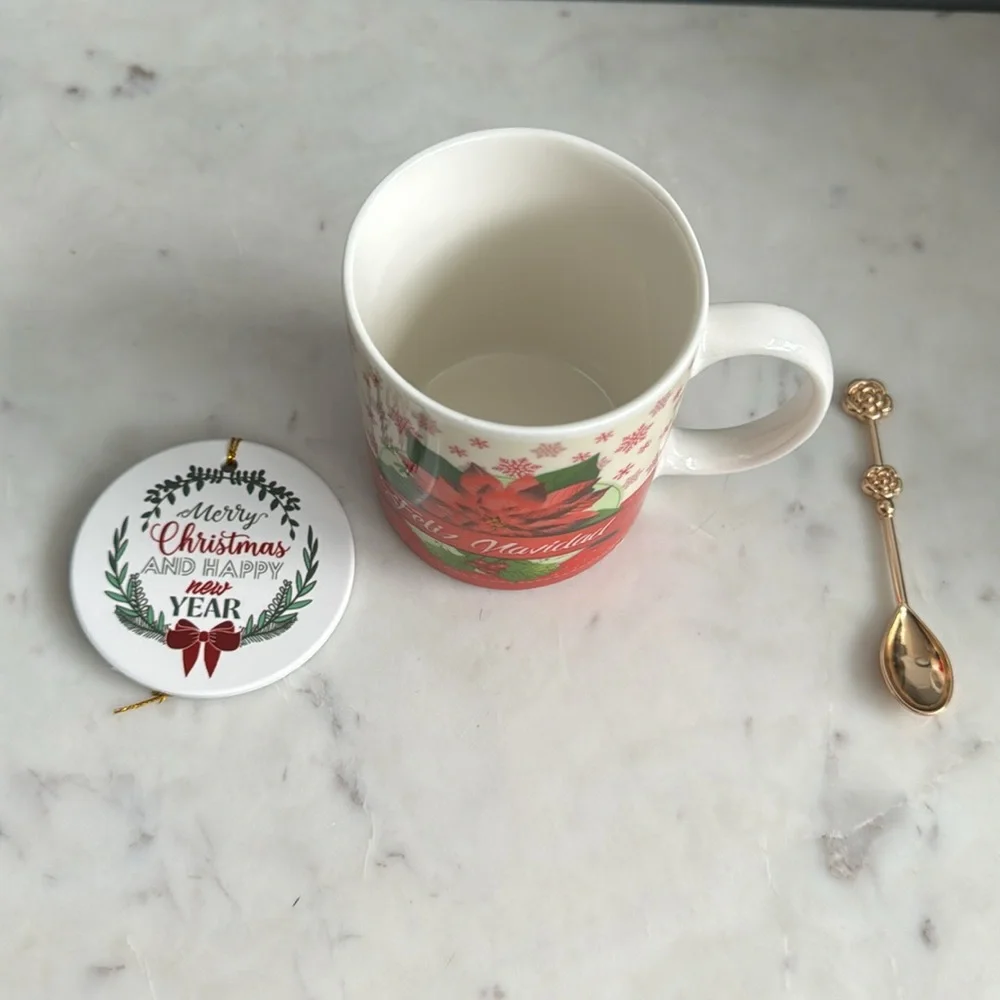 Christmas Mug, includes decorative tree hanging & Metal Spoon NWOT